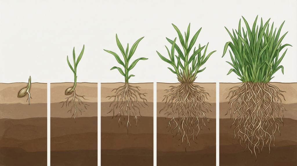 Illustration showing five sequential stages of plant growth from seed germination to mature grass. Each stage displays increasing leaf development and expanding root systems beneath the soil, highlighting progressive root establishment and plant biomass growth.