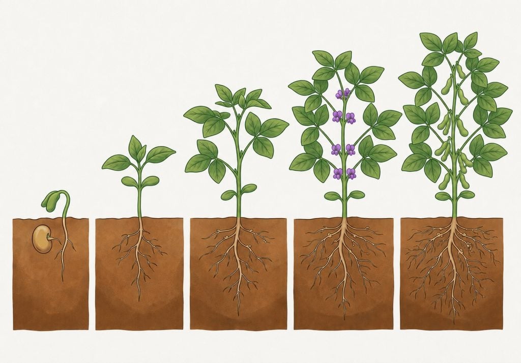 Illustrated growth stages of a soybean plant from seed germination to mature pod production, shown in five side-by-side soil cross-sections with expanding roots, green leaves, purple flowers, and developing soybean pods.