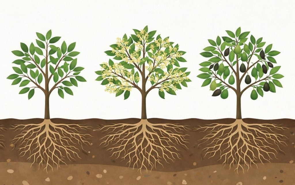 Illustration of three stages of a fruit tree’s development: a leafy tree, a flowering tree with blossoms, and a mature tree bearing green and dark fruits, shown above ground with corresponding root systems expanding below the soil.