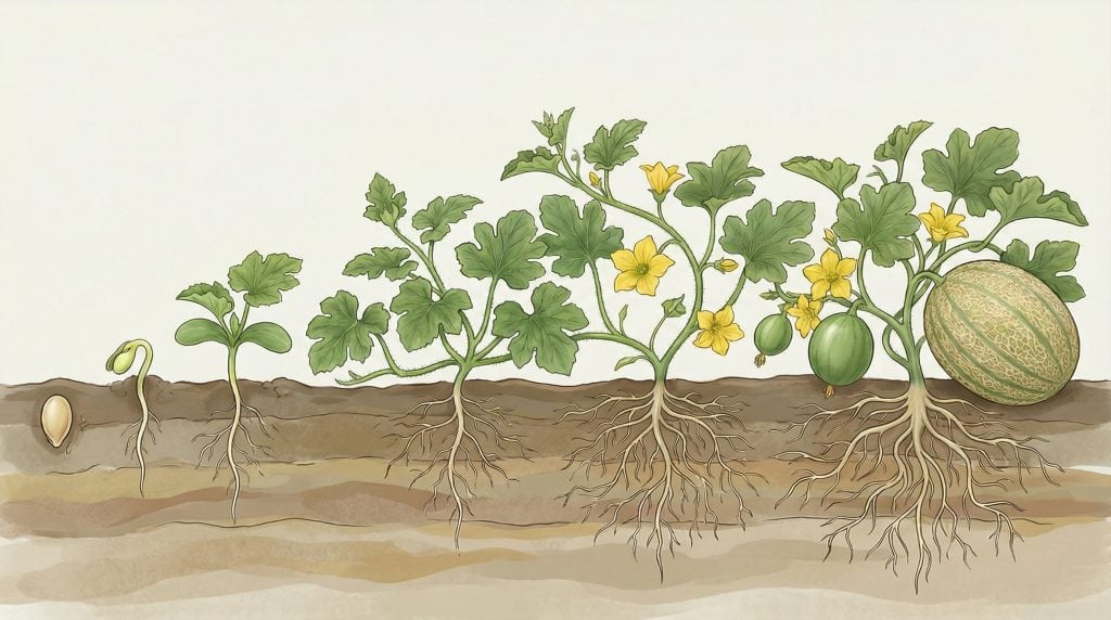Illustration showing the growth stages of a melon plant from seed germination to mature fruit, displayed in a horizontal sequence with roots visible below the soil, green leaves and yellow flowers above ground, and developing melons growing larger until a ripe melon forms.