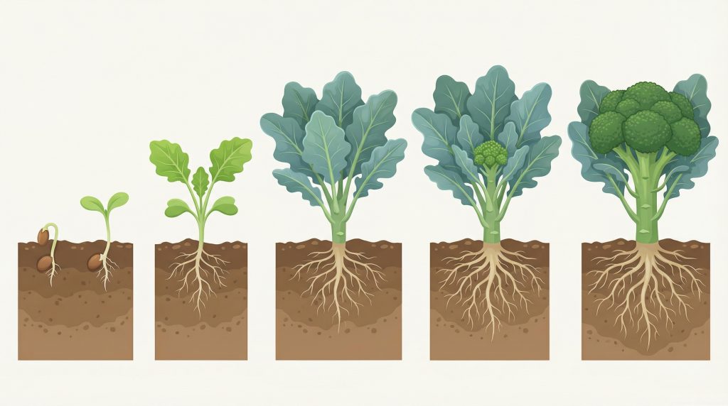 Illustrated sequence showing broccoli growth stages from seed germination to mature plant, with soil cross-sections revealing root development beneath each stage. The progression includes sprouting seed, seedling, vegetative growth, early head formation, and fully developed broccoli head with expanded root system.
