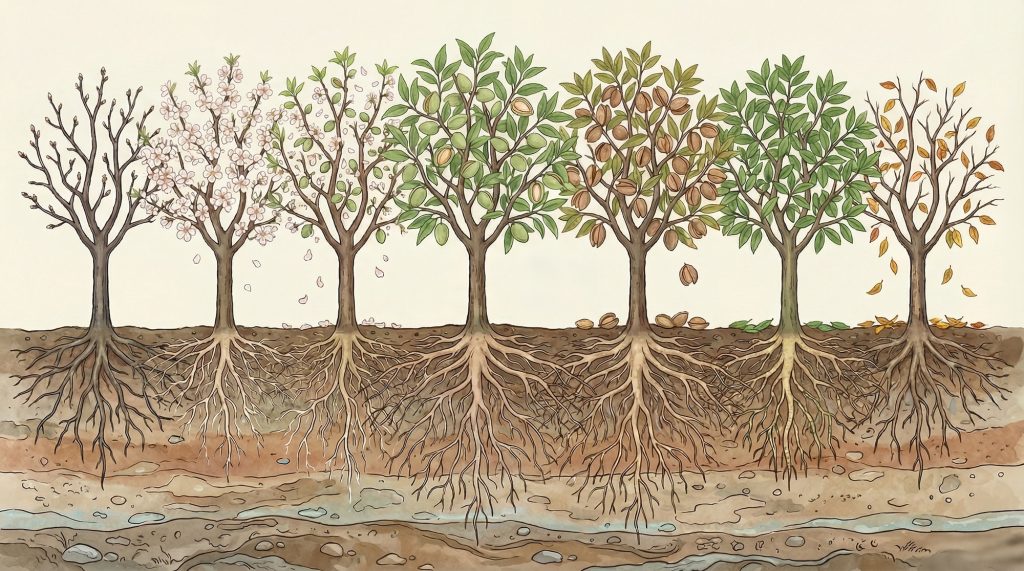 Illustration of an almond orchard showing trees across the seasons—from bare branches and spring blossoms to green growth, nut development, harvest, and autumn leaf drop—with detailed underground root systems visible beneath the soil layers.