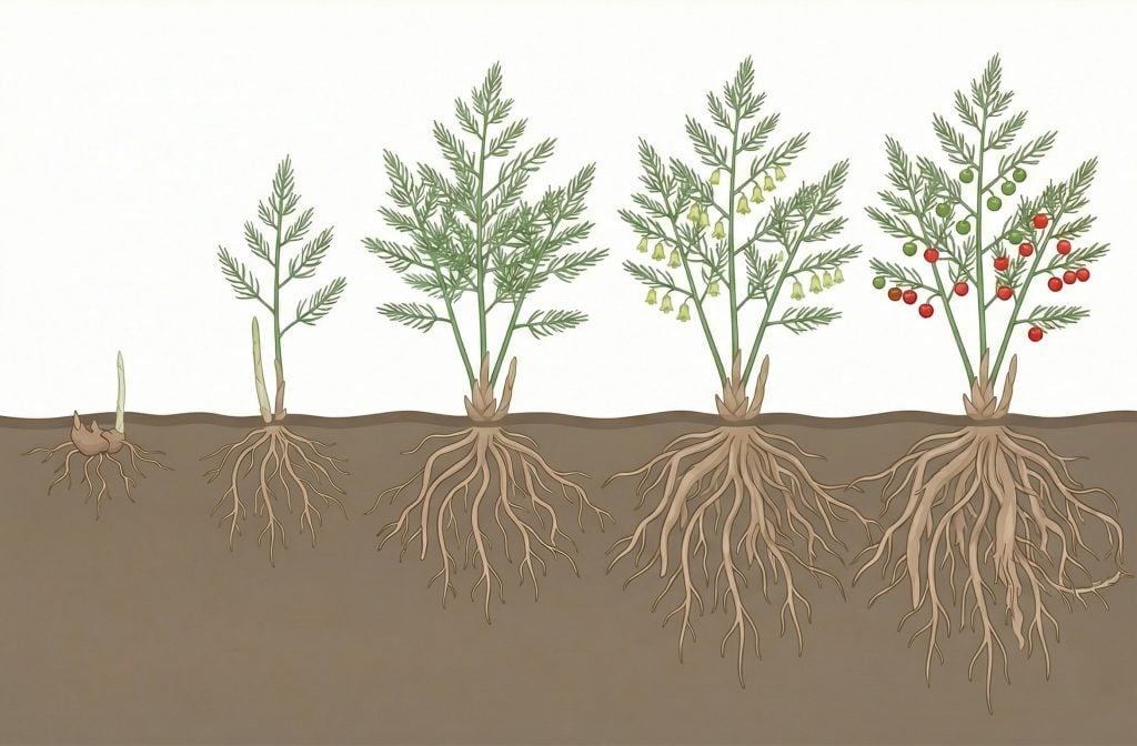 Illustration showing the growth stages of an asparagus plant from early sprout to mature plant with flowers and red berries, displayed in a horizontal sequence with visible underground root development beneath the soil.