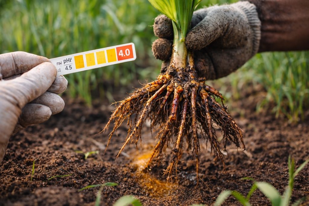 Close-up of uprooted crop roots in acidic soil, with a gloved hand holding a pH test strip showing low pH, illustrating aluminum toxicity and nutrient leaching in farmland.
