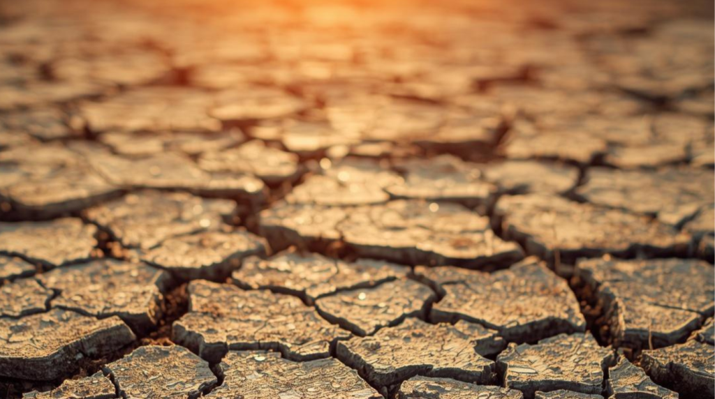 Close-up of cracked, dry soil under intense sunlight, illustrating drought and heat stress conditions in agriculture.