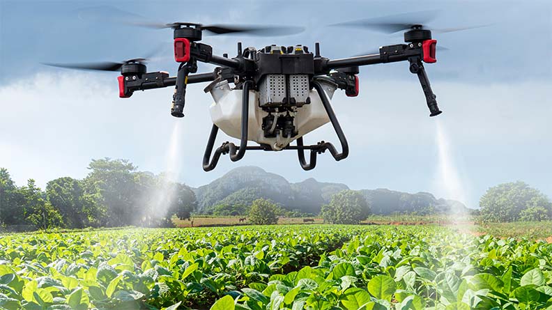 Agricultural quadcopter drone spraying fertilizer onto a field of potatoes