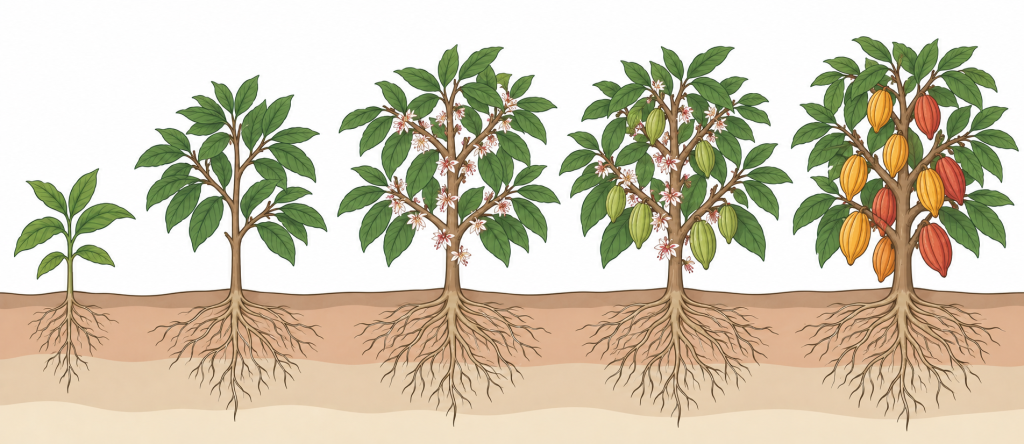 Illustration of five cocoa growth stages, from seedling to mature tree with ripe pods, showing flowering, pod development, and root systems beneath the soil.