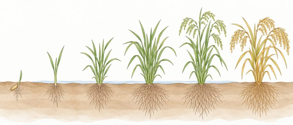 Illustration of six rice growth stages, from seed germination and seedling development to tillering, panicle formation, and golden grain maturity, with roots visible beneath the soil.