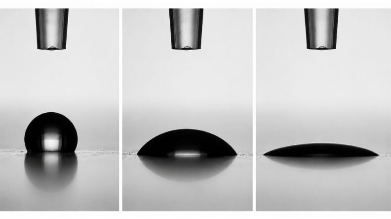 Three water droplets showing increased spread as surface tension decreases.