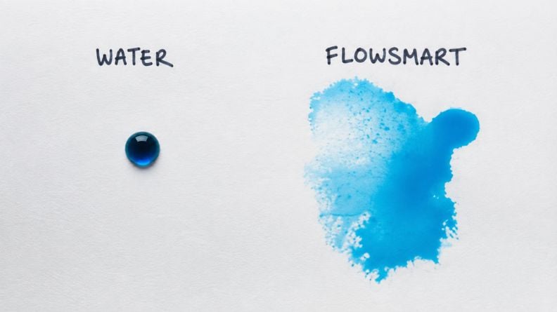 Water droplet and H2Pro FlowSmart solution showing the difference in spread across a surface.