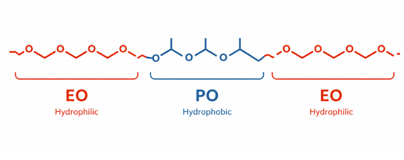 Simplified illustration of an EO–PO–EO block copolymer with hydrophilic ethylene oxide blocks on both sides of a hydrophobic propylene oxide block.