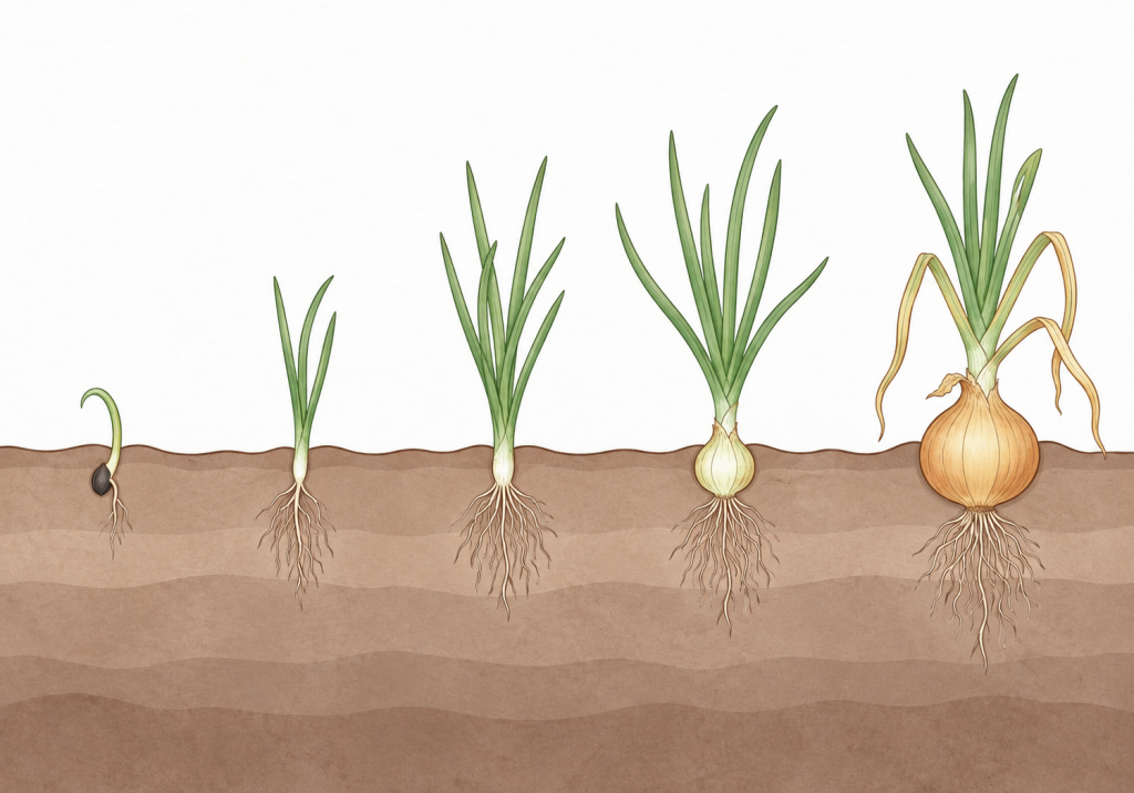 Illustration of five onion growth stages, from seed germination and leaf development to bulb formation and maturity, with roots visible beneath the soil.