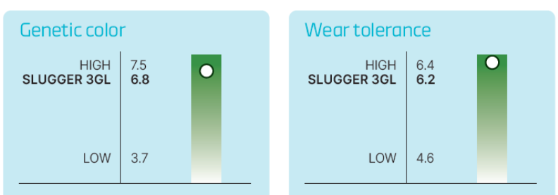 Slugger 3GL NTEP ratings for genetic color and turf quality under traffic stress.