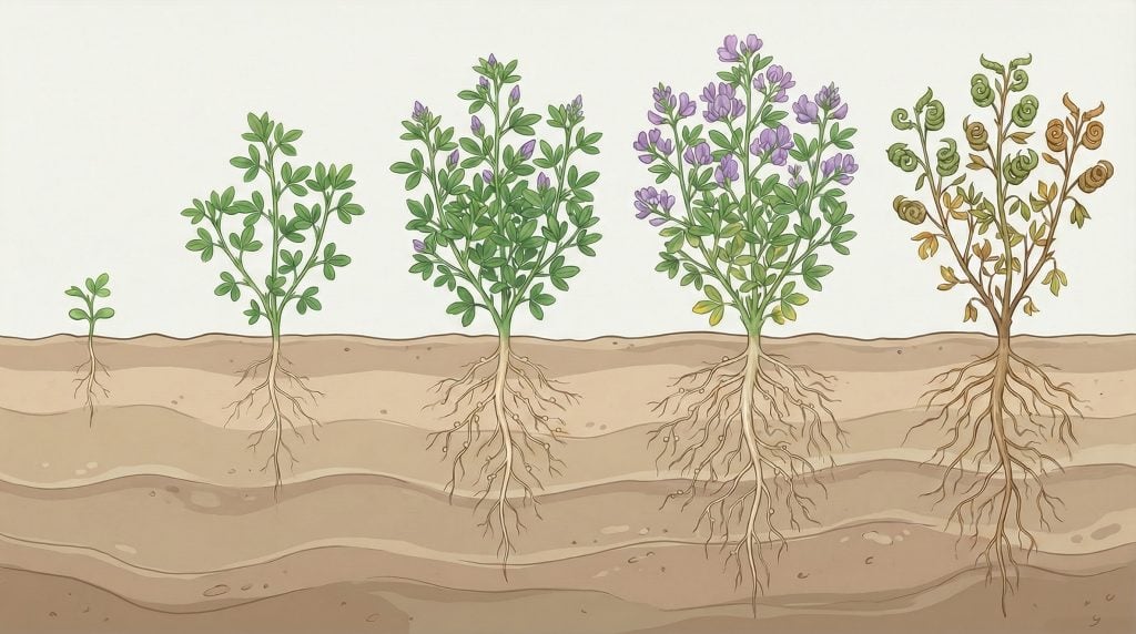 Ilustración de las etapas de desarrollo de la alfalfa, desde el crecimiento inicial y la expansión de las raíces hasta la floración y la maduración de las semillas.
