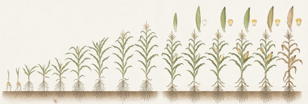 Ilustración de las etapas de crecimiento del maíz, desde la germinación y el desarrollo vegetativo hasta la formación de mazorcas y la madurez de la planta.