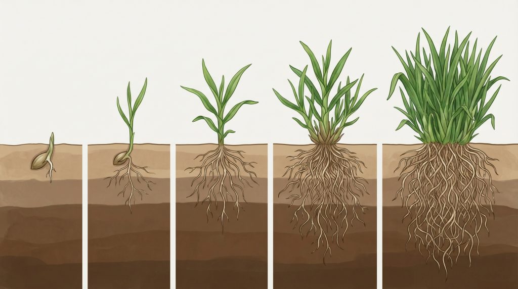 Ilustración de las etapas de crecimiento del césped, desde la germinación de la semilla hasta el desarrollo de una planta densa con un sistema radicular profundo.
