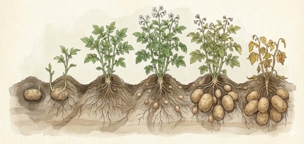Ilustración de las etapas de crecimiento de la patata, desde la brotación del tubérculo y el desarrollo de la planta hasta la floración, formación y maduración de nuevas patatas bajo el suelo.