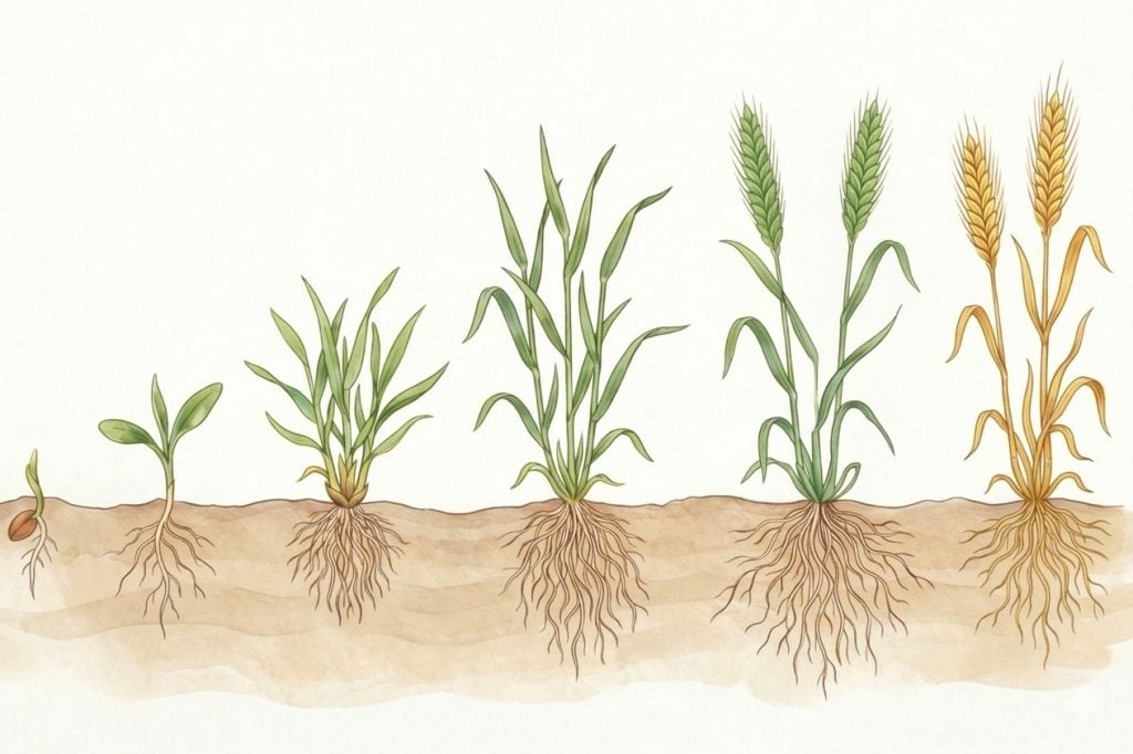 Ilustración de las etapas de crecimiento del trigo, desde la germinación y el desarrollo vegetativo hasta la formación de espigas y la maduración del cultivo.