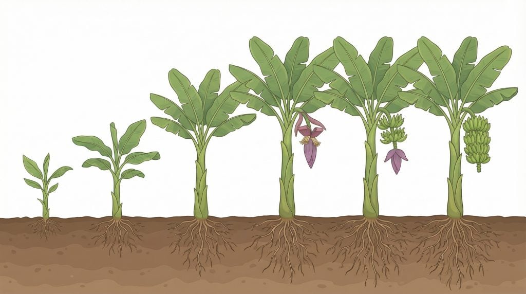 Ilustración de las etapas de desarrollo de la planta de banano, desde el crecimiento inicial y la floración hasta la formación de racimos de bananas.