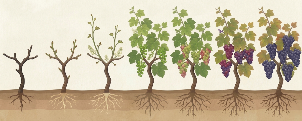 Ilustración de las etapas de desarrollo de la vid, desde la brotación y la floración hasta la formación, maduración y cosecha de los racimos de uvas.