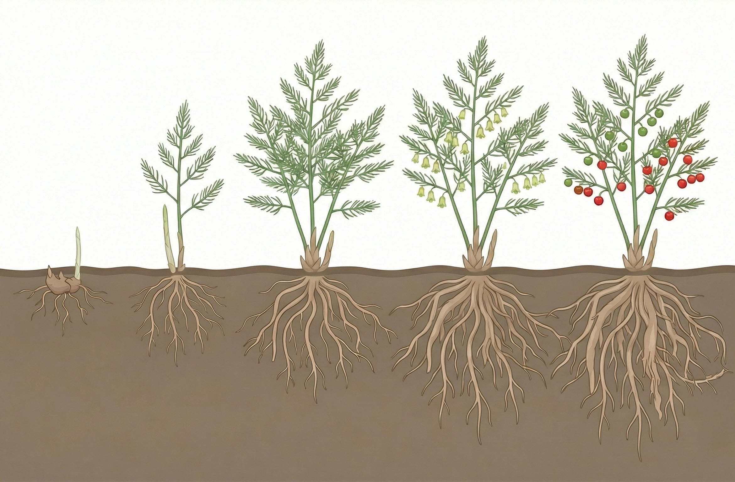 Illustration showing the growth stages of an asparagus plant from early sprout to mature plant with flowers and red berries, displayed in a horizontal sequence with visible underground root development beneath the soil.
