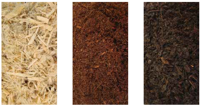 Wood fiber, coconut fiber and bark as peat substitutes.