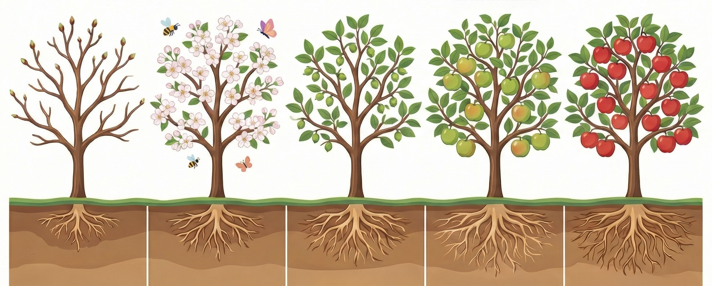 Illustrated infographic showing the life cycle of an apple tree: from dormant bare branches, to flowering with blossoms and pollinators, early fruit set, green developing apples, and finally a mature tree with red apples, with the root system shown underground at each stage.