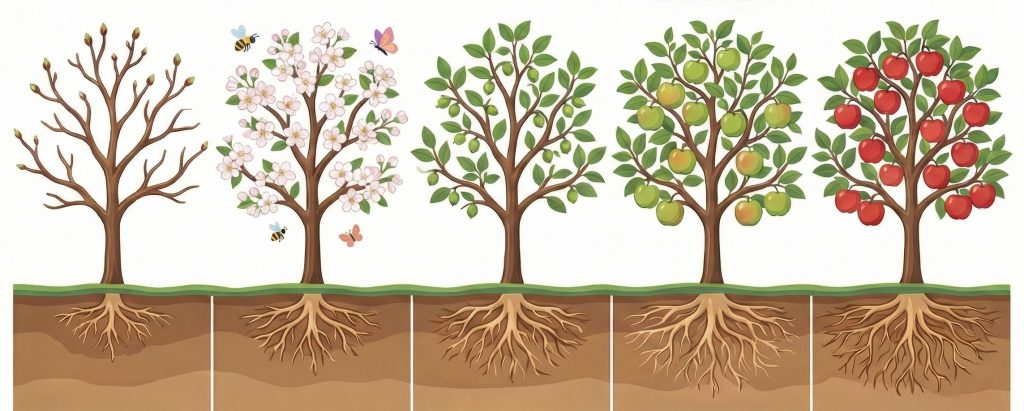 Illustratie van de groeifasen van een appelboom, van een kale boom in rust tot een volledig volwassen boom met rijpe rode appels. De afbeelding toont verschillende ontwikkelingsstadia, waaronder knopvorming, bloei met bestuivende bijen, jonge groene vruchten, groeiende appels en uiteindelijke rijping, inclusief de ontwikkeling van het wortelstelsel onder de grond.