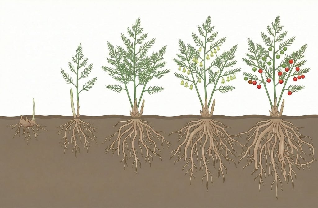 Illustration showing the growth stages of an asparagus plant from early sprout to mature plant with flowers and red berries, displayed in a horizontal sequence with visible underground root development beneath the soil.