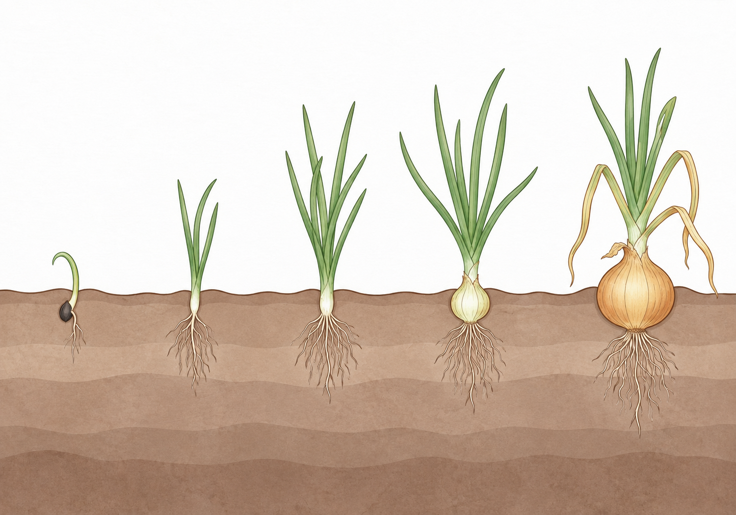 Illustration of five onion growth stages, from seed germination and leaf development to bulb formation and maturity, with roots visible beneath the soil.