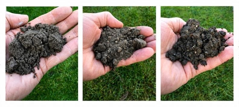 Three contrasting soil samples held in hands, showing differences in texture, particle size and aggregation.